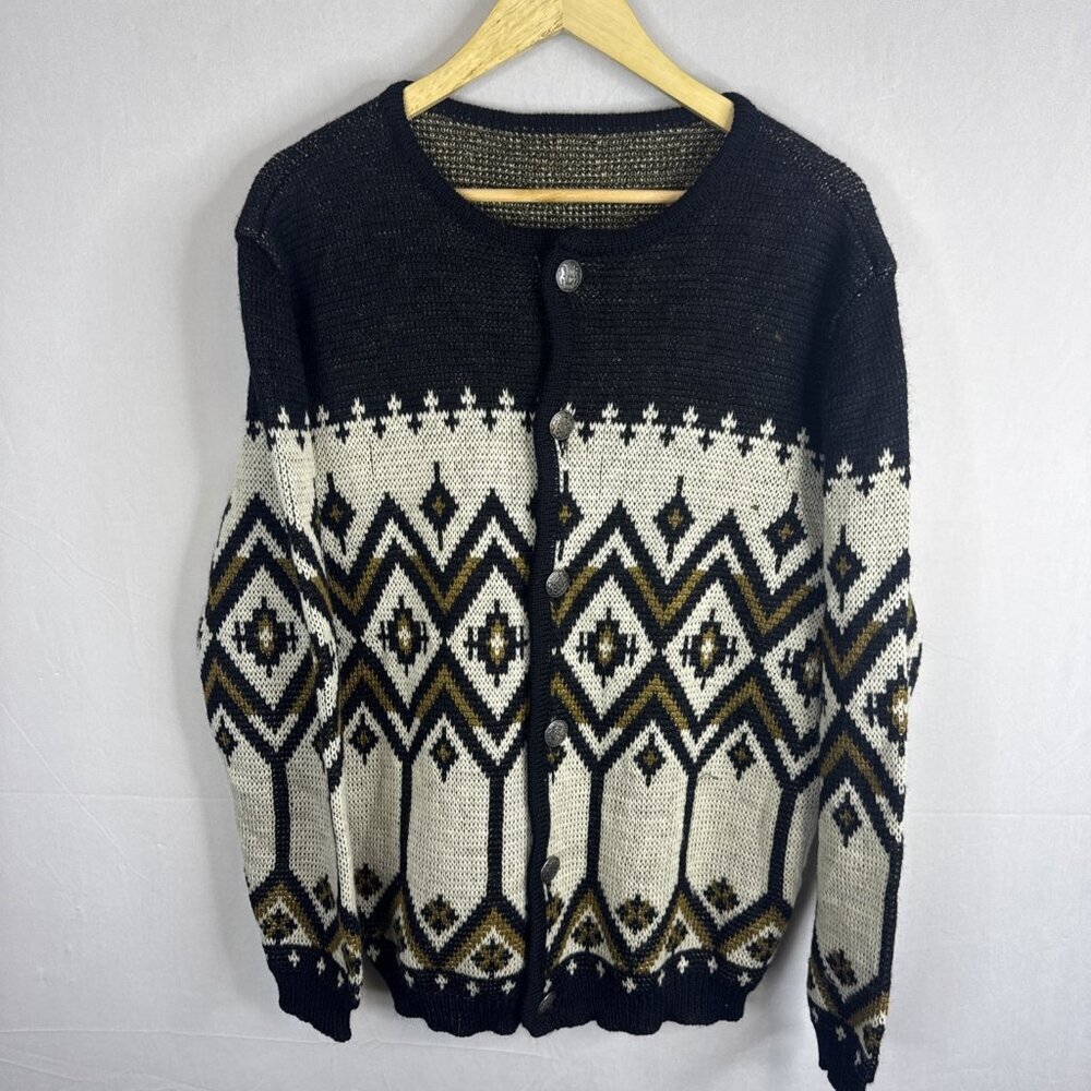 Vintage Bavarian Geometric Knit Cardigan Sweater Men M Crest Buttons‎ Icelandic